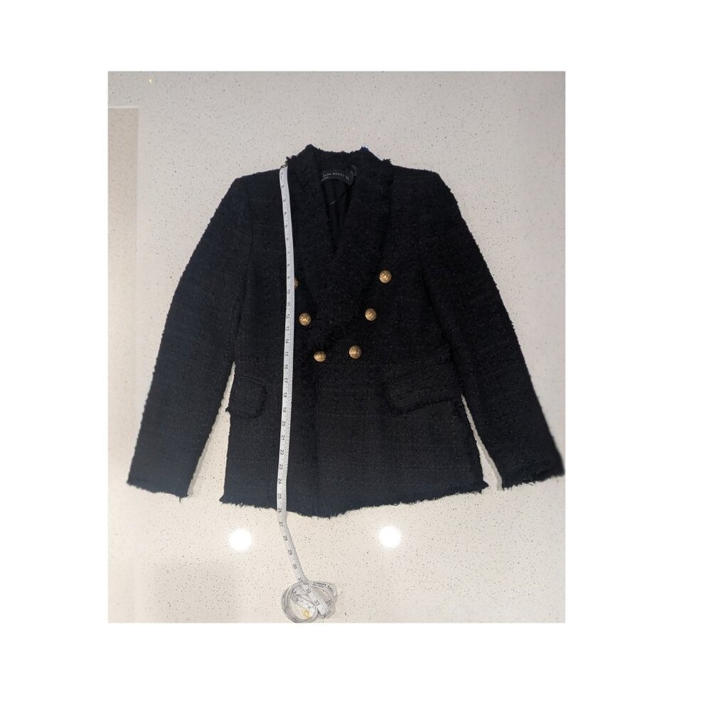 ZARA Woman Black Bouclé Tweed Double-Breasted Blazer Size S Gold Buttons - Picture 7 of 8